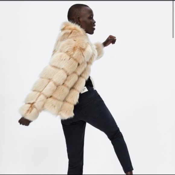 ZARA FUR COAT JACKET TAN BEIGE CREAM XS RARE - Picture 6 of 9